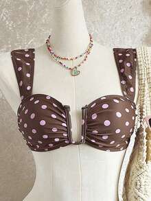 Swim Mod Femei Vintage roz Polka Dot suport U-neck confortabil piele-friendly costum de baie Girly Top - Multicolor - Vizualizare 5