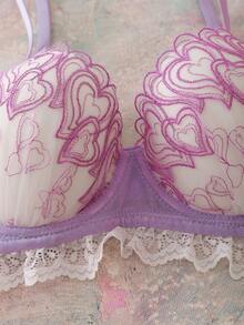 FloralLove Valentine's Day Heart Embroidery Floral Underwire 3/4 Cup Uplift Push Up Cleavage Enhancing Comfy Balconette Cute Fresh Romantic Backless Bow Cute Babydoll Women's Bra