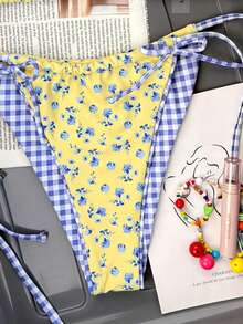 Swim Mod 两件套女士性感比基尼泳衣，黄色碎花吊带上衣+蓝色格子蝴蝶结泳裤 - 彩色 - 查看 3