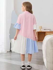 SHEIN 少女休闲纯色梭织面料撞色荷叶边下摆修身喇叭袖连衣裙，适合返校和日常穿着 - 淺藍色 - 查看 2