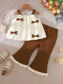 SHEIN 2 Pieces Baby Girls Butterfly Embellished Tank Top And Pants Set - Coffee Brown - View 1