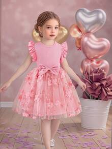 SHEIN Glamorique Kids 女童优雅甜美可爱圆领短袖罗纹面料收腰3D网纱刺绣A字时尚公主裙，适合节日派对、度假、夏季穿着 - 粉色 - 查看 4