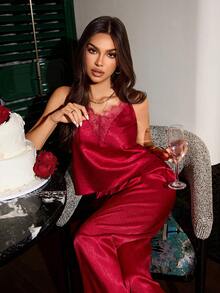 SilkySpell Women's Sexy High-End Jacquard Satin & Lace Camisole Pajama Set - Burgundy - View 3