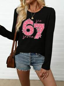 EMERY ROSE Women's Casual Long Sleeve T-Shirt With Letter And Number Print - Black - View 4