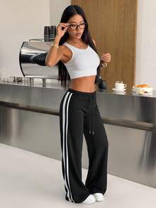 SHEIN EZwear Women's Casual Striped Patchwork Black Knit Stretch Pants - Black - View 4