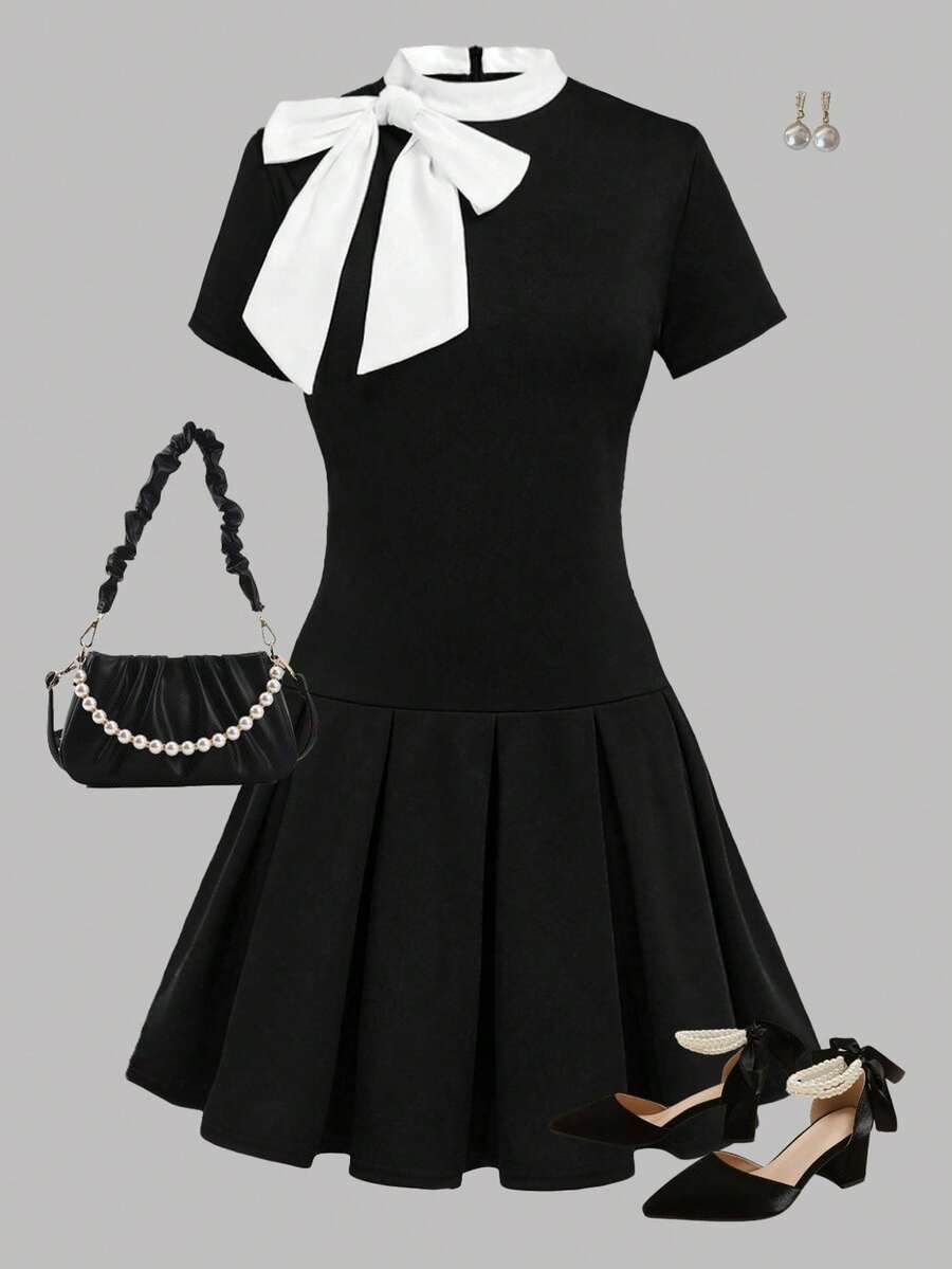 SHEIN Girlism Teen Girl dệt kim mối nối màu có thể tháo rời nơ xếp li váy ngắn tay đơn giản - Đen và trắng - Xem 1