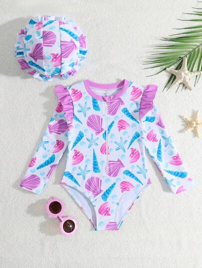 女童极简印花长袖连体泳衣