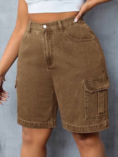 Slaydiva Plus Size Solid Color Slant Pocket Casual Versatile Denim Shorts