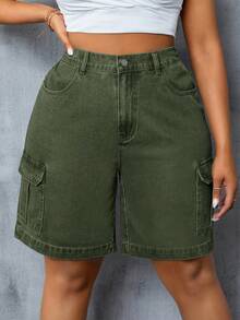 Rivivi 大码纯色斜插口袋休闲百搭牛仔短裤 女式带口袋短裤 - 軍綠色 - 查看 6