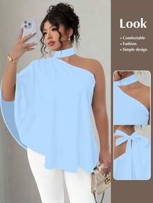 SHEIN Elenzya 大码纯色不对称领系带优雅时尚衬衫 - 淺藍色 - 查看 1