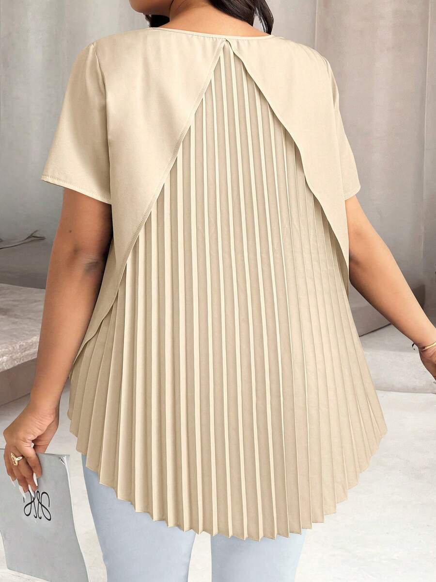 Elenzga Plus Size Solid Color Asymmetric Hem Round Neck Short Sleeve Shirt - Khaki - View 1