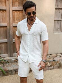 Genlund Men's Summer Casual Vacation Solid Color Textured Fabric Short Sleeve Shirt And Drawstring Waist Shorts Set - White - View 5