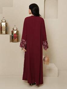 Al Najma Women's Graphic Print V-Neck Elegant Long Sleeve Arabic Abaya Red Veiled Robe, Printed Veiled Robe, Veiled Robe With Curved Cuffs - Red - View 3