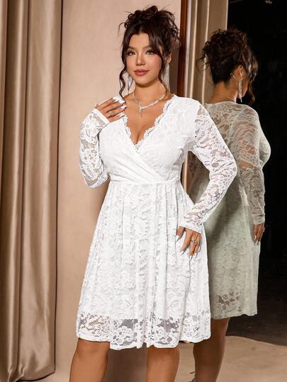 Cravure Plus Size Women V-Neck Long Sleeve Elegant Hollow Out Lace Dress White Lace Dress Women White Dress Plus Size Elegant Long Sleeve White Dress Elegant White Dress Curve Bridal Shower White Dress