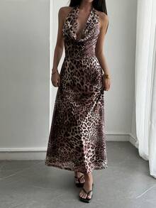 Livesso 女士休闲无袖垂褶领收腰中长连衣裙，夏季邮轮度假装扮，女士吊带裙 - 棕色 - 查看 3