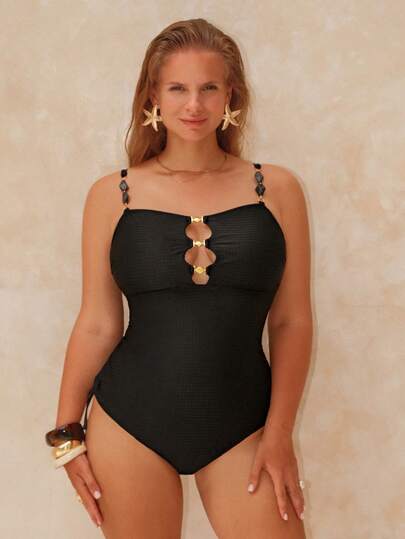 Swim Chiccia Traje de baño de talla grande de espiguilla negra con efecto estilizante para mujeres, con control de cintura y abdomen, conjunto de tankini con decoración de rhinestones, adecuado para spa, resort y natación