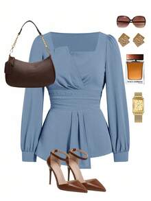 Solivie Áo kiểu peplum thanh lịch dành cho nữ, kiểu dáng đơn giản, màu trơn, cổ vuông bất đối xứng, xếp ly ở eo, thích hợp cho công sở, mùa xuân/thu. - Màu xanh nhạt - Xem 3