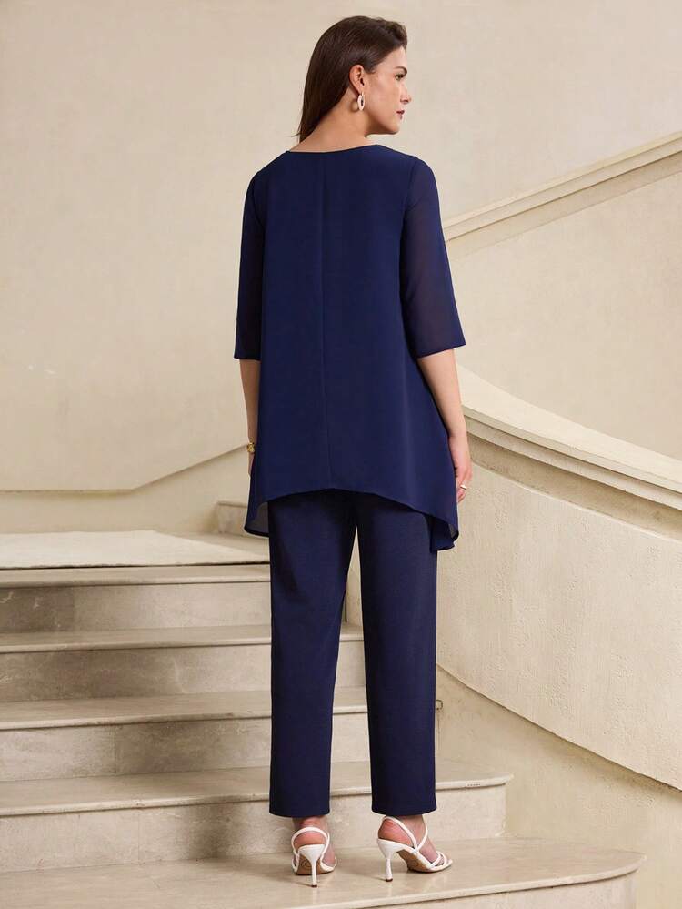 Elegant Navy Blue Floral Embroidery Two-Piece Set For Women – 3/4 Sleeve Asymmetrical Chiffon Top & Straight Pants, Perfect For Summer & Spring, Ideal For Wedding Guest, Party, Formal Events, Going Out