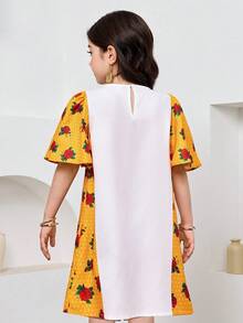 SHEIN Vestido ligeramente en forma de A con cuello redondo, estampado floral de rosa de Madder amarillo, para niñas jóvenes. Vestido, abaya, atuendo tradicional del Medio Oriente para festivales, primavera/verano - Amarillo - Ver 2