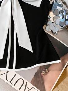 Resyla Áo hai dây nữ cổ chữ V, nơ, viền bèo nhún, thời trang, đa năng, thích hợp cho kỳ nghỉ. - Đen và trắng - Xem 6