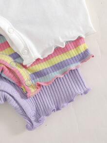 Cozy Pixies 3件套女婴碎花条纹针织柔软圆领短袖连体衣和短裤套装 - 彩色 - 查看 5