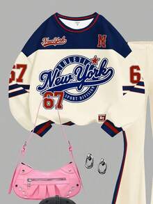 Tween Girl Round Neck Numeric & Letter Graphic Sweatshirt And Flare Leg Pants Casual Loose 2-Piece Set, Hippie Style For Music Festival, American Retro Sweet, Streetwear Vibe, Casual Campus Sports, Outdoor Picnic, Outings, Street Photography, Home - Multicolor - View 4