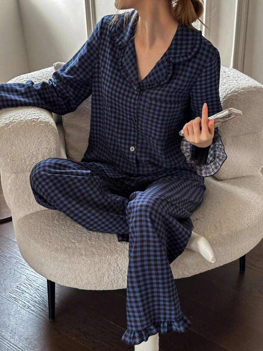 Dream Adore 经典格子荷叶边翻领开衫睡衣套装 - 彩色 - 查看 1