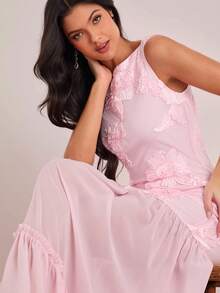 Enchnt Đầm maxi lưới phối nhiều mảnh gợi cảm, không tay, hở lưng. - Hồng - Xem 2