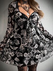 Whyspr Mesh Sheer Skeleton Rose Print Elegant Vintage Punk Goth Grunge Rock Exaggerated Flare Sleeve Midi Plus Size Dress For Women - Black - View 4