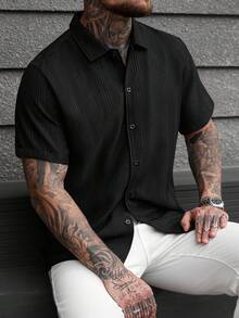 SLATEMANN 男士黑色条纹休闲短袖衬衫 男士黑色短袖衬衫 男士黑色短袖衬衫 男士纹理衬衫 男士黑色衬衫 - 黑色 - 查看 4