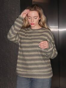 Turnttoni Oversized Crew Neck Striped Jumper Spring Casual Y2k 90's Stripe Oversized Airport Fall Autumn Winter Everyday Christmas Work Thanksgiving Chic - Green - View 5