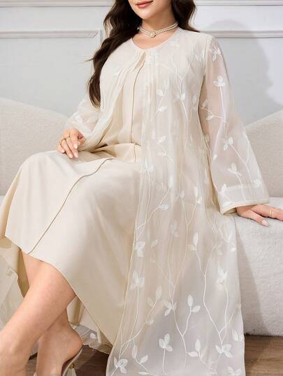 Al Najma 大码女式纯色刺绣优雅长袖阿拉伯风长裙