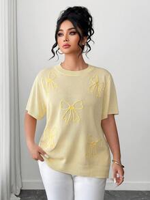 Elenzga Blusa de punto holgada y versátil de manga corta con cuello redondo y decoración bordada en 3D con lazo en color amarillo mantequilla para mujer - Amarillo - Ver 8
