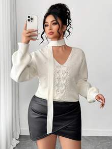 Elenzga Plus Size Pearl & Rhinestone Embellished Long Sleeve Pullover Sweater - Beige - View 7