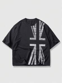 ROMWE MEN Street Life 男士休闲时尚街头通勤英国国旗印花短袖T恤，夏季 - 黑色 - 查看 1