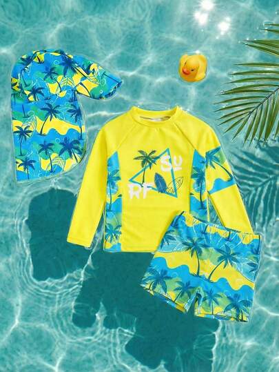 SHEIN Conjunto de 3 piezas de niño pequeño con pantalones cortos, camisa de manga larga con estampado de palmeras y sombrero de sol para vacaciones de verano, adecuado para primavera/verano, uso en casa, salidas, viajes, playa, piscina, fiestas