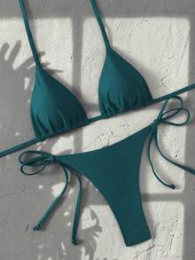 Swim Vcay Women's Solid Color Halter Tie Backless Sexy Thong Bikini Set - Teal Blue - View 3