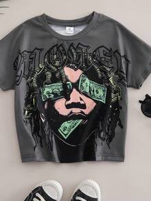 Coolqubz Young Boy Casual Slogan Graphic Round Neck Short Sleeve T-Shirt, Summer Youth Boys Rapper Shirts Boys Graphic Tees Boys Hip Hop Clothing Kids Graphic T-Shirts - Grey - View 3