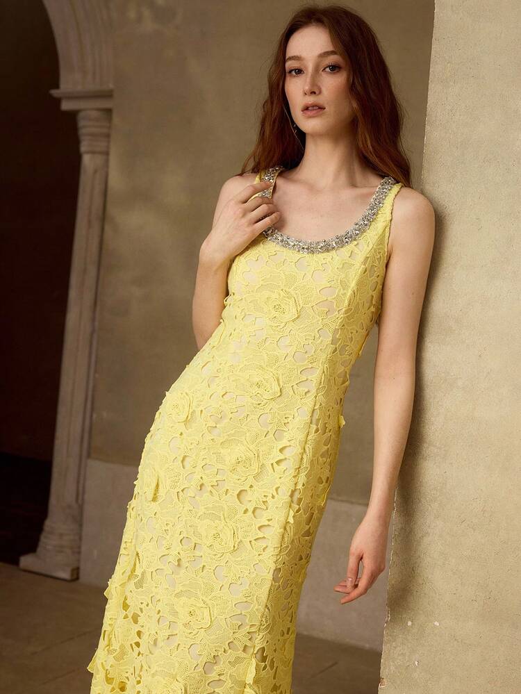 RHINESTONE DECOR GUIPURE LACE ELEGANT LONG DRESS FOR WOMEN, SPRING/SUMMER