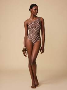 Swim Chiccia Women's Geometric Print Ruched One-Piece Swimsuit, Vacation - Brown - View 6