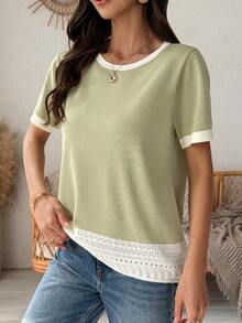 Vivie Lora Women's Round Neck Loose Lace Patchwork Contrast Color Knit Sweater Top - Green - View 4