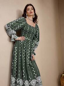 Al Najma New Vacation Floral Print Cinched Waist Slimming Casual Vacation Everyday Versatile Elegant Dress - Green - View 6