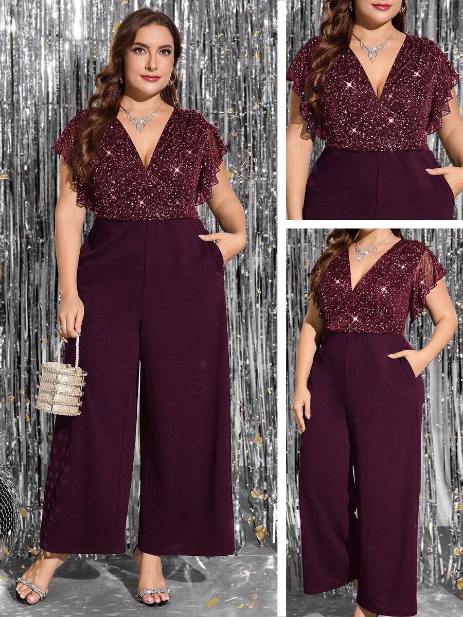 Gownix Plus Size Women's Elegant Shiny Jumpsuit, Suitable For Party And Gatherings, Black Jumpsuit With Pockets, Autumn/Winter - Burgundy - View 1