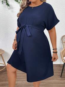 Plussiva Gaun Kasual Lengan Pendek Leher Bulat Warna Polos untuk Wanita Hamil Ukuran Besar, Musim Panas - Navy Blue - View 4