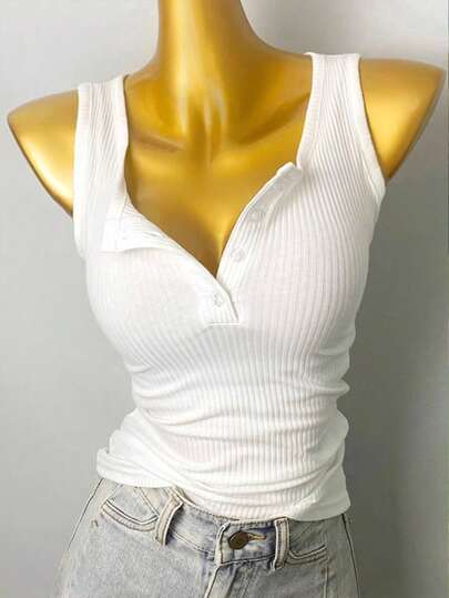 Lalippa Women's Solid Color Button Half-Placket Casual Ribbed Tank Top