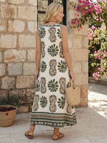 Faunlyn Women Vacation Floral & Stripe Print Sleeveless Casual Dress,Sun Dress - Multicolor - View 2