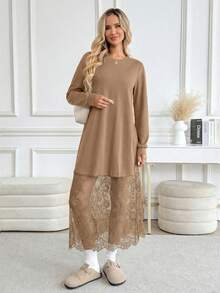 SHEIN LUNE 女士休闲蕾丝拼接长袖中长连衣裙 卡其色连衣裙 女士连衣裙 长袖棕褐色连衣裙 女士咖啡棕色连衣裙 休闲 - 咖啡 - 查看 8