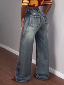 Slaydiva Women's High Waist Rhinestone Embellished Loose Fit Wide Leg Jeans - Dark Wash - View 2