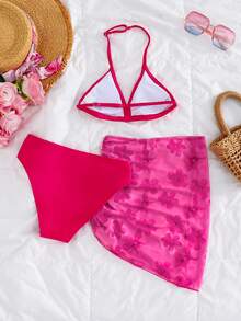SHEIN Tween Girl Solid Color Halter Swimwear Set With Floral Print Coverup And Mini Skirt - Hot Pink - View 2