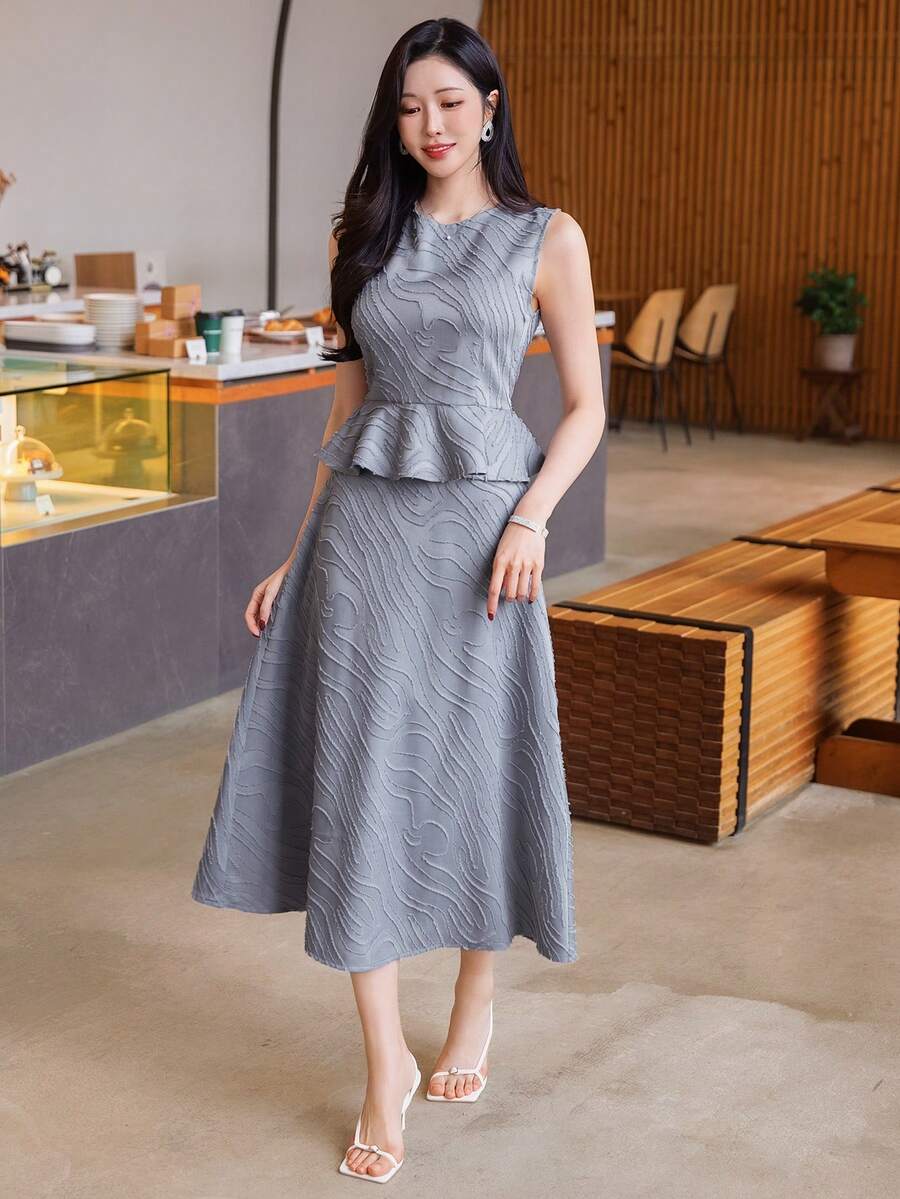 DAZY 女士优雅纯色纹理圆领荷叶边上衣和半裙两件套,夏季 - 藍色 - 查看 1